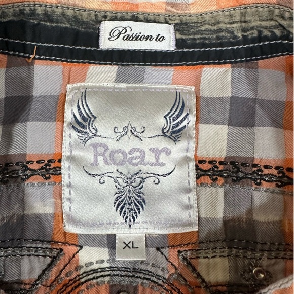 FINAL SALE Roar Orange Plaid Embroidered Button Front 3/4 Sleeve Top XL - Picture 9 of 13